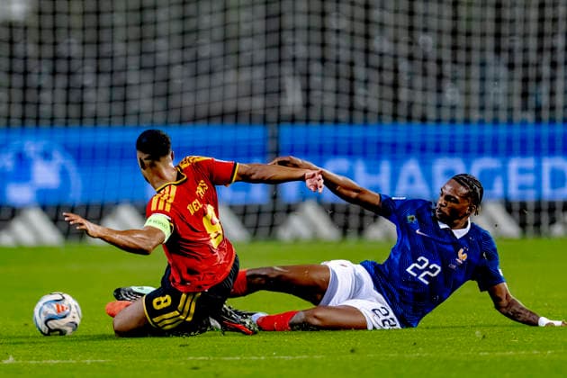 BRUSSELS, Belgium: Midfielder Youri Tielemans of Belgium and defender Jérémy Jacquet of France during the UEFA Nations League match between Belgium and France at King Baudouin Stadium on September 28, 2026, in Brussels, Belgium. Photo by DeFodi Images