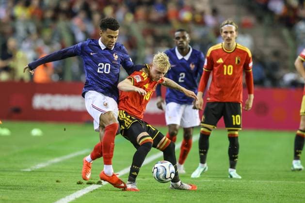 France s Desire Doue and Belgium s Joaquin Seys fight for the ball a soccer game between Belgian national team, Nationalteam Red Devils and France, on Monday 28 September 2026 in Brussels, the second game of the UEFA Nations League group stage. BRUNOxFAHY  x188122103x