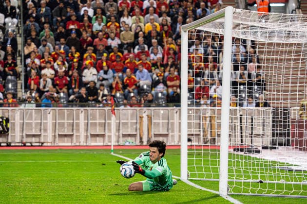 2026-09-28 Belgium v France - UEFA Nations League 2026 27 Group A1 MD2 BRUSSELS, BELGIUM - SEPTEMBER 28: goalkeeper Senne Lammens of Belgium makes a save during the UEFA Nations League 2026 27 Group A1 MD2 match between Belgium and France at Stade Roi Baudouin on September 28, 2026 in Brussels, Belgium. (Photo by Gabriel Calvino Alonso BSR Agency) Brussels Belgium Content not available for redistribution in The Netherlands directly or indirectly through any third parties. Copyright: xBSRxAgencyx