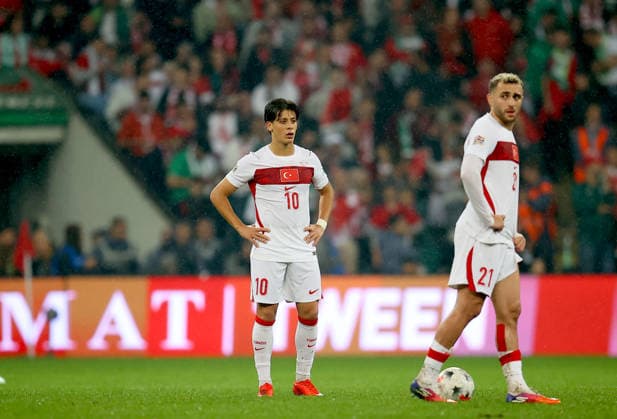 Turkiye v Italy - UEFA Nations League A BURSA, TURKIYE - SEPTEMBER 28: Arda Guler (10) and Baris Alper Yilmaz of Turkiye react after Italy scores a goal during the UEFA Nations League A Group 1 match between Turkiye and Italy at Yuzuncu Yil Ataturk Stadium in Bursa, Turkiye on September 28, 2026. Ali Atmaca Anadolu Bursa Turkey. Editorial use only. Please get in touch for any other usage.  Copyright: x2026xAnadoluxAlixAtmacax