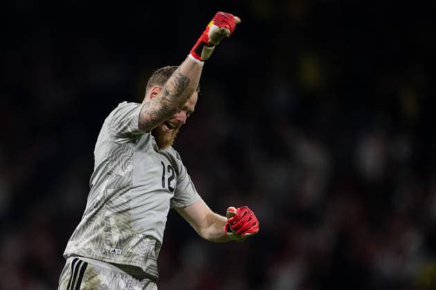 September 28, 2026: Sweden’s goalkeeper Viktor Johansson celebrates after Yasin Ayari (not pictured) scored the 2-1 goal during the Nations League soccer match between Sweden and Poland on September 28, 2026 in Stockholm. Photo by Emma Wallskog, BILDBYRAN, code EW JM0857. bbeng soccer football soccer international match Nations League UEFA Nations League Sweden Sweden A Poland Poland celebration  Copyright: EMMAxWALLSKOG BB260928EW042