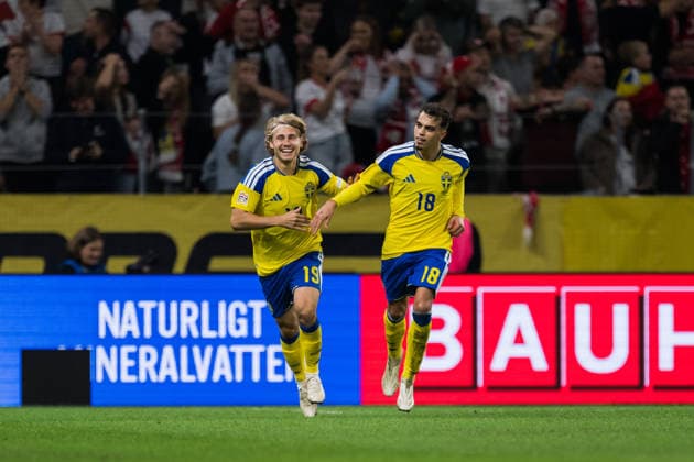 September 28, 2026: Yasin Ayari of Sweden celebrates with Sebastian Nanasi after scoring the 2-1 goal during the Nations League soccer match between Sweden and Poland on September 28, 2026 in Stockholm. Photo by Emma Wallskog, BILDBYRAN, code EW JM0857, bbeng, soccer, football, international match, Nations League, UEFA Nations League, Sweden, Sweden A, Poland, celebration Copyright: EMMAxWALLSKOG BB260928EW044