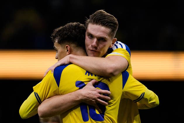 September 28, 2026: Yasin Ayari of Sweden celebrates with Viktor Gyökeres after scoring the 2-1 goal during the Nations League soccer match between Sweden and Poland on September 28, 2026 in Stockholm. Photo: Joel Marklund, BILDBYRAN. Code: JM JM0857 bbeng soccer football soccer national team match Nations League UEFA Nations League Sweden Sweden A Poland Poland celebration  Copyright: JOELxMARKLUND BB260928JM046