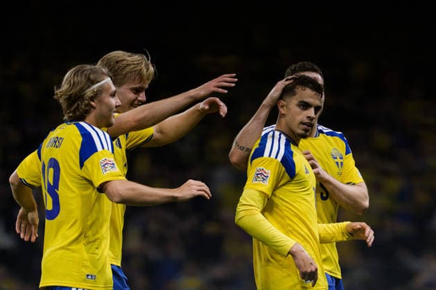 September 28, 2026: Yasin Ayari of Sweden celebrates with Sebastian Nanasi, Lucas Bergvall, and Gabriel Gudmundsson after scoring the 2-1 goal during the Nations League soccer match between Sweden and Poland on September 28, 2026 in Stockholm. Photo by Joel Marklund, BILDBYRAN. Code: JM JM0857 bbeng soccer football international match Nations League UEFA Nations League Sweden Sweden A Poland Poland celebration  Copyright: JOELxMARKLUND BB260928JM047