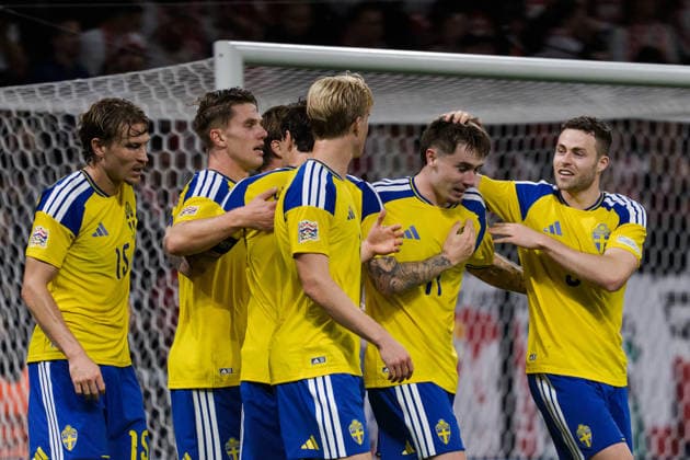 September 28, 2026: Viktor Gyökeres of Sweden celebrates with Carl Starfelt, Patrik Walemark, and Gabriel Gudmundsson after scoring the 3-1 goal during the Nations League soccer match between Sweden and Poland on September 28, 2026 in Stockholm. Photo by Joel Marklund, BILDBYRAN. Code: JM JM0857 bbeng soccer football international match Nations League UEFA Nations League Sweden Sweden A Poland Poland celebration  Copyright: JOELxMARKLUND BB260928JM052