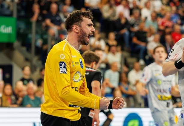 September 28, 2026 Handball 1st Bundesliga OPEL HBL 2026–2027 Season, Matchday 6: HC Erlangen (Nuremberg Metropolitan Region) vs. HCE ThSV Eisenach (Women s Team) xdaxmax Mitja Spikic 1, ThSV Eisenach clenches fist, fists, is happy, joy