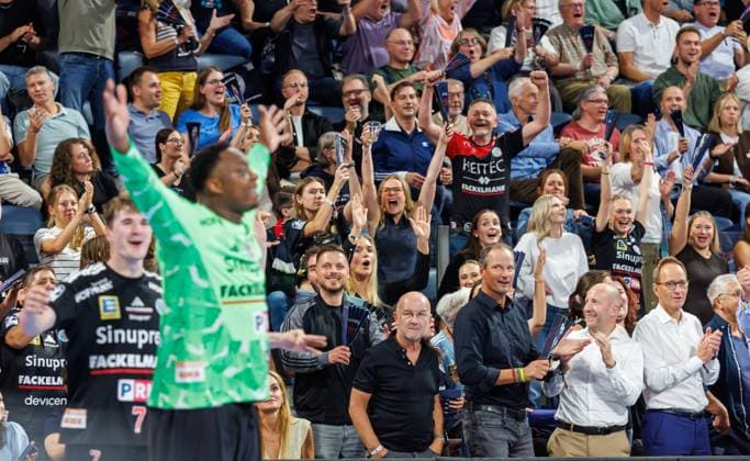 September 28, 2026 Handball 1st Bundesliga OPEL HBL 2026–2027 Season Matchday 6 HC Erlangen Nuremberg Metropolitan Region HCE ThSV Eisenach Women s Team xdaxmax Celebration Joy Rubens Pierre 93, HC Erlangen, HCE, and spectators, audience, fans