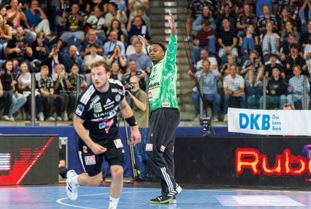 September 28, 2026 Handball 1st Bundesliga OPEL HBL 2026–2027 Season, Matchday 6: HC Erlangen (Nuremberg Metropolitan Region) HCE vs. ThSV Eisenach DaMa xdaxmax Cheering, Joy, Rubens, Pierre 93, HC Erlangen HCE clenches fists