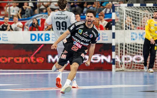 September 28, 2026 Handball 1st Bundesliga OPEL HBL 2026–2027 Season, Matchday 6: HC Erlangen (Nuremberg Metropolitan Region) HCE vs. ThSV Eisenach Women’s Team xdaxmax Cheering, Joy, Eloy Morante Maldonado 22, HC Erlangen HCE clenches fists
