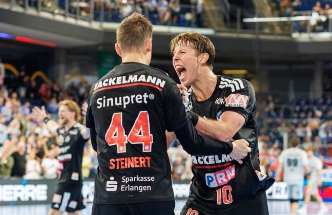 September 28, 2026 Handball 1st Bundesliga OPEL HBL 2026–2027 Season, Matchday 6: HC Erlangen (Nuremberg Metropolitan Region) vs. HCE ThSV Eisenach Women s Team xdaxmax Cheering, Joy, Christoph Steinert 44, HC Erlangen HCE Florian Scheerer 10, HC Erlangen HCE is delighted, joy