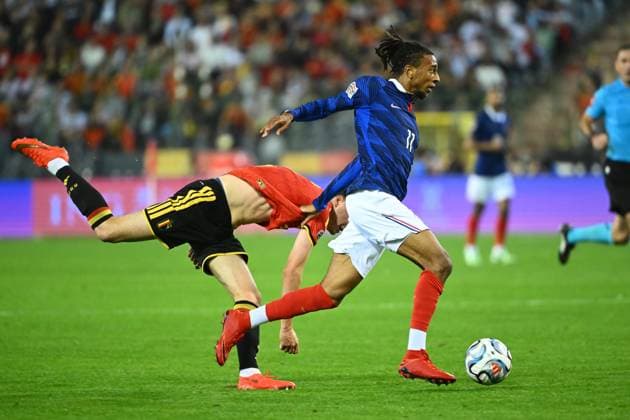 Belgium v France - UEFA Nations League 2026 BRUSSELS, BELGIUM - SEPTEMBER 28 : De Cuyper Maxim defender of Belgium, Olise Michael midfielder of France scores a goal during the UEFA Nations League tournament league phase matchday 2 group A1 match between Belgium and France on September 28, 2026 in Brussels, Belgium, 28 09 2026 Brussels Belgium  Copyright: xVincentxKalutx