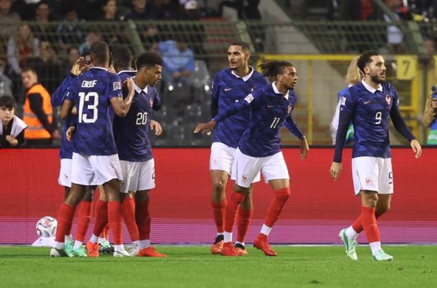 France s Michael Olise celebrates after scoring during a soccer game between Belgian national team, Nationalteam Red Devils and France, on Monday 28 September 2026 in Brussels, the second game of the UEFA Nations League group stage. VIRGINIExLEFOUR  x188124300x