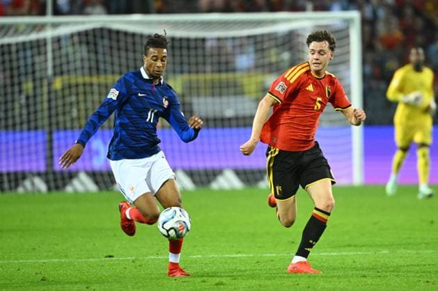 Belgium v France - UEFA Nations League 2026 BRUSSELS, BELGIUM - SEPTEMBER 28 : De Cuyper Maxim defender of Belgium, Olise Michael midfielder of France scores a goal during the UEFA Nations League tournament league phase matchday 2 group A1 match between Belgium and France on September 28, 2026 in Brussels, Belgium, 28 09 2026 Brussels Belgium  Copyright: xVincentxKalutx
