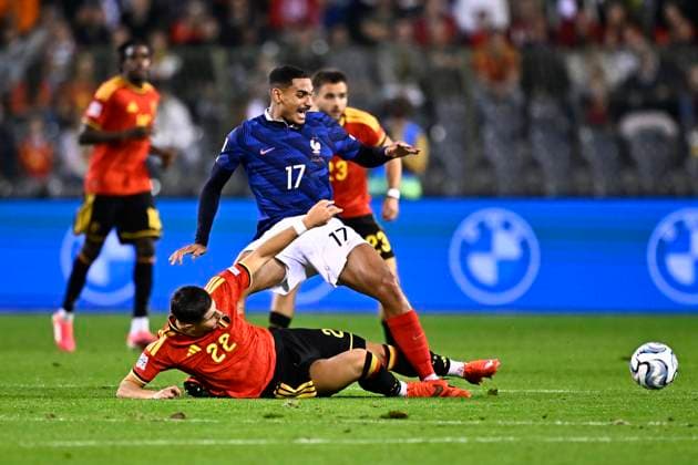 Belgium v France - UEFA Nations League 2026 BRUSSELS, BELGIUM - SEPTEMBER 28 : Fernandez-Pardo Matias forward of Belgium battles for the ball with Lacroix Maxence defender of France during the UEFA Nations League tournament league phase matchday 2 group A1 match between Belgium and France on September 28, 2026 in Brussels, Belgium, 28 09 2026 Brussels Belgium  Copyright: xTomasxSiskx