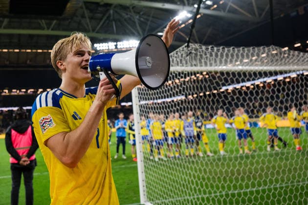 September 28, 2026: Lucas Bergvall of Sweden celebrates after the Nations League soccer match between Sweden and Poland on September 28, 2026 in Stockholm. Photo by Emma Wallskog, BILDBYRAN, code EW JM0857, bbeng, soccer, football, soccer, national team match, Nations League, UEFA Nations League, Sweden, Sweden A, Poland, celebration Copyright: EMMAxWALLSKOG BB260928EW050