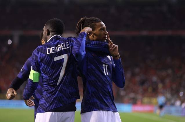 UEFA Nations League - Belgium v France BRUSSELS, BELGIUM, SEPTEMBER 28: GOAL 1-0, Michael Olise of France national team, Nationalteam goal celebration with Ousmane Dembele of France National Team after scoring a goal to put France 1-0 ahead during The UEFA Nations League Group Stage match in Group A1 between Belgium v France at King Baudouin Stadium, Brussels, Belgium, on September 28. (Photo by Daniel Weir) Brussels King Baudouin Stadium BELGIUM Copyright: xDanielxWeir SportsxPressxPhotox Sportspressphoto_SPR241953