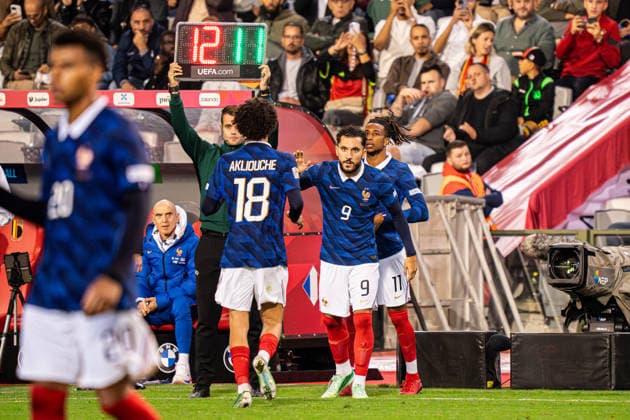 2026-09-28 Belgium v France - UEFA Nations League 2026 27 Group A1 MD2 BRUSSELS, BELGIUM - SEPTEMBER 28: Rayan Cherki of France, Michael Olise of France get brought into play during the UEFA Nations League 2026 27 Group A1 MD2 match between Belgium and France at Stade Roi Baudouin on September 28, 2026 in Brussels, Belgium. (Photo by Gabriel Calvino Alonso BSR Agency) Brussels Belgium Content not available for redistribution in The Netherlands directly or indirectly through any third parties. Copyright: xBSRxAgencyx