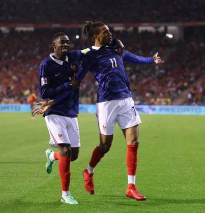UEFA Nations League - Belgium v France BRUSSELS, BELGIUM, SEPTEMBER 28: GOAL 1-0, Michael Olise of France national team, Nationalteam goal celebration with Ousmane Dembele of France National Team after scoring a goal to put France 1-0 ahead during The UEFA Nations League Group Stage match in Group A1 between Belgium v France at King Baudouin Stadium, Brussels, Belgium, on September 28. (Photo by Daniel Weir) Brussels King Baudouin Stadium BELGIUM Copyright: xDanielxWeir SportsxPressxPhotox Sportspressphoto_SPR241955