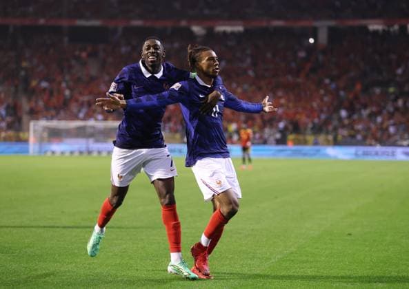 UEFA Nations League - Belgium v France BRUSSELS, BELGIUM, SEPTEMBER 28: GOAL 1-0, Michael Olise of France national team, Nationalteam goal celebration with Ousmane Dembele of France National Team after scoring a goal to put France 1-0 ahead during The UEFA Nations League Group Stage match in Group A1 between Belgium v France at King Baudouin Stadium, Brussels, Belgium, on September 28. (Photo by Daniel Weir) Brussels King Baudouin Stadium BELGIUM Copyright: xDanielxWeir SportsxPressxPhotox Sportspressphoto_SPR241956