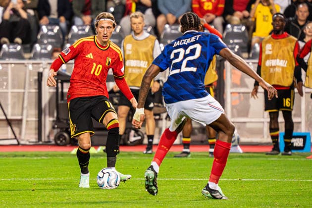 2026-09-28 Belgium v France - UEFA Nations League 2026 27 Group A1 MD2 BRUSSELS, BELGIUM - SEPTEMBER 28: Mika Godts of Belgium makes a pass during the UEFA Nations League 2026 27 Group A1 MD2 match between Belgium and France at Stade Roi Baudouin on September 28, 2026 in Brussels, Belgium. (Photo by Gabriel Calvino Alonso BSR Agency) Brussels Belgium Content not available for redistribution in The Netherlands directly or indirectly through any third parties. Copyright: xBSRxAgencyx