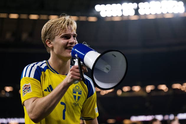 September 28, 2026: Lucas Bergvall of Sweden celebrates after the Nations League soccer match between Sweden and Poland on September 28, 2026 in Stockholm. Photo by Emma Wallskog. BILDBYRAN code EW JM0857 bbeng soccer football soccer international match Nations League UEFA Nations League Sweden Sweden A Poland Poland celebration  Copyright: EMMAxWALLSKOG BB260928EW051