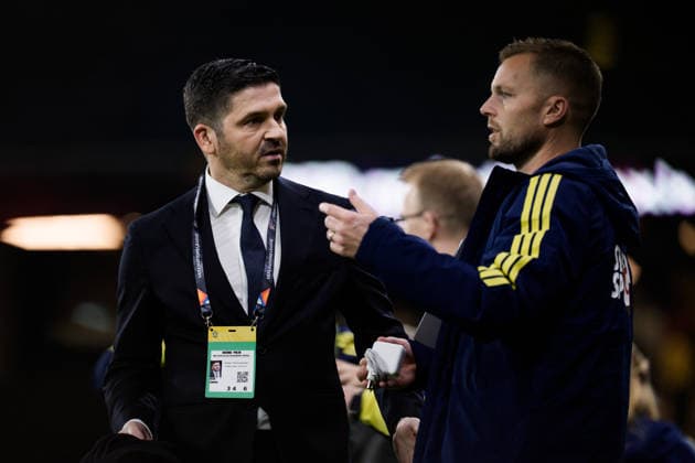 September 28, 2026: Bojan Djordjic of Swedish broadcaster Viaplay and assistant coach Sebastian Larsson of Sweden during the Nations League soccer match between Sweden and Poland on September 28, 2026 in Stockholm. Photo by Joel Marklund, BILDBYRAN, code JM JM0857 bbeng soccer football fotball international match Nations League UEFA Nations League Sweden Sweden A Poland  Copyright: JOELxMARKLUND BB260928JM068