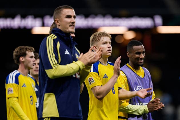 September 28, 2026: Gustaf Lagerbielke, Daniel Svensson, and Paulos Abraham of Sweden celebrate after the Nations League soccer match between Sweden and Poland on September 28, 2026 in Stockholm. Photo by Joel Marklund, BILDBYRAN. Code: JM JM0857 bbeng soccer football soccer international match Nations League UEFA Nations League Sweden Sweden A Poland Poland celebration  Copyright: JOELxMARKLUND BB260928JM070