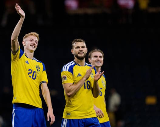 September 28, 2026: Hugo Larsson, Jesper Karlström, and Carl Starfelt of Sweden celebrate after the Nations League soccer match between Sweden and Poland on September 28, 2026 in Stockholm. Photo by Joel Marklund, BILDBYRAN. Code: JM JM0857 bbeng soccer football soccer international match Nations League UEFA Nations League Sweden Sweden A Poland Poland celebration  Copyright: JOELxMARKLUND BB260928JM072