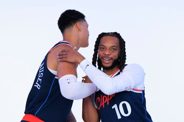 September 28, 2026, Inglewood, California, USA: Yanic Konan Niederhauser 14 and Darius Garland 10 embrace during the Los Angeles Clippers Media Day on Monday September 28, 2026 at Intuit Dome in Inglewood, California. ARIANA RUIZ PI Inglewood USA - ZUMAp124 20260928_zaa_p124_024 Copyright: xArianaxRuizx