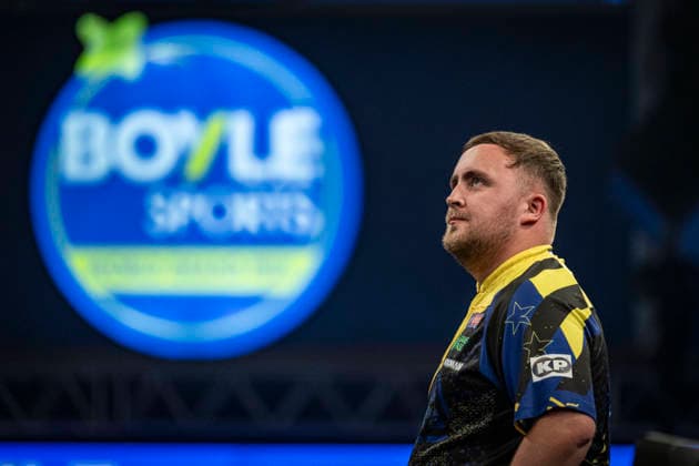 RECORD DATE NOT STATED 28th September 2026; Mattioli Arena, Leicester, England; PDC World Grand Prix Darts, Day 1; Luke Littler looks at the big screen during his first round match against Luke Woodhouse GodfreyxPitt