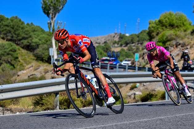 COLLADO DEL AGUACIL, SPAIN - SEPTEMBER 12: Enric Mas of Spain and Movistar Team - Red Leader Jersey competes ahead of Richard Carapaz of Ecuador and Team EF Education - EasyPost during the La Vuelta - 81st Tour of Spain 2026, Stage 20 a 210.8km stage from La Calahorra to Collado del Alguacil 1887m UCIWT on September 12, 2026 in Collado del Alguacil, Spain. (Photo by Dustin Bradford Icon Sportswire) CYCLING: SEP 12 La Vuelta - 81st Tour of Spain 2026 - Stage 20 EDITORIAL USE ONLY Icon132260912109