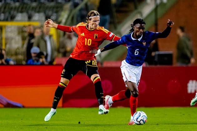 Belgium forward Mika Godts and France midfielder Eduardo Camavinga during the UEFA Nations League match between Belgium and France at King Baudouin Stadium on September 28, 2026, in Brussels, Belgium. Photo by DeFodi Images