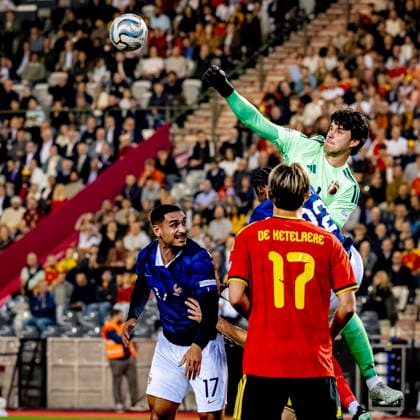 BRUSSELS, Belgium: Goalkeeper Senne Lammens of Belgium during the UEFA Nations League match between Belgium and France at King Baudouin Stadium on September 28, 2026, in Brussels, Belgium. Photo by DeFodi Images