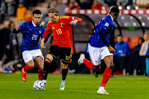 BRUSSELS, Belgium: Forward Mika Godts of Belgium during the UEFA Nations League match between Belgium and France at King Baudouin Stadium on September 28, 2026, in Brussels, Belgium. Photo by DeFodi Images