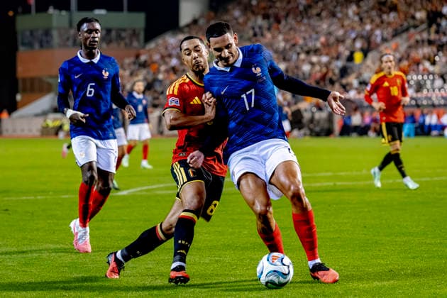 BRUSSELS, Belgium: Belgian midfielder Youri Tielemans and French defender Maxence Lacroix during the UEFA Nations League match between Belgium and France at King Baudouin Stadium on September 28, 2026, in Brussels, Belgium. Photo by DeFodi Images