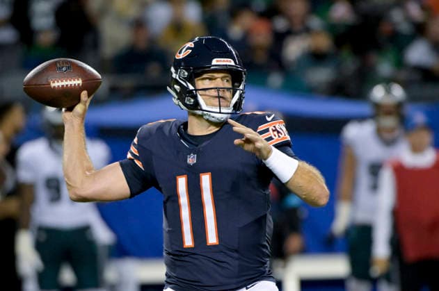 Chicago Bears quarterback Case Keenum (11) throws his first regular season pass since 2023, after Bears starting and backup quarterbacks were injured in the home opener, against the Philadelphia Eagles during a game at Soldier Field in Chicago on Monday, September 28, 2026.  CHI20260928101 MARKxBLACK