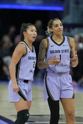 Dallas Wings vs Golden State Valkyries Golden State Valkyries guard Kaitlyn Chen (2) and Golden State Valkyries forward Gabby Williams (1) chats during the 2026 WNBA, Basketball Damen, USA Playoffs Round 1 Game 1 on Sept 27 in San Francisco, CA (Photo by Gerome Wright Image of San Francisco California United States EDITORIAL USE ONLY Copyright: xImagexofxSportx GeromexWrightx iosphotos422488