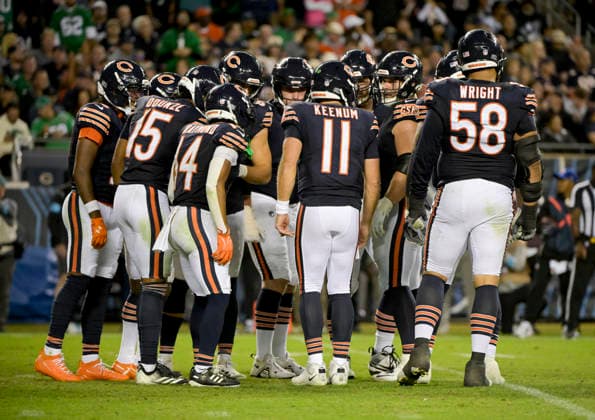 Chicago Bears quarterback Case Keenum (11) leads the huddle during a game against the Philadelphia Eagles at Soldier Field in Chicago on Monday, September 28, 2026. Bears defeated the Eagles 27-7.  CHI20260928112 MARKxBLACK