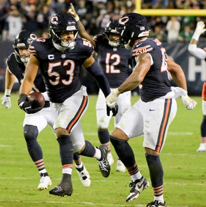 Chicago Bears linebacker T.J. Edwards (53) celebrates intercepting the ball against the Philadelphia Eagles in the third quarter at Soldier Field in Chicago on Monday, September 28, 2026. Bears defeated the Eagles 27-7.  CHI20260928117 MARKxBLACK