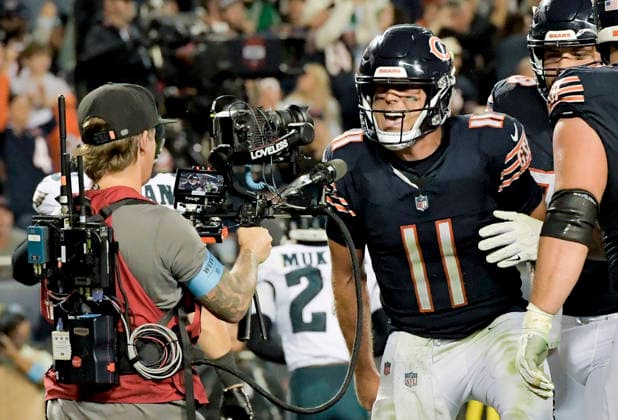 Chicago Bears quarterback Case Keenum (11) celebrates his fourth quarter touchdown against the Philadelphia Eagles at Soldier Field in Chicago on Monday, September 28, 2026. Bears defeated the Eagles 27-7.  CHI20260928118 MARKxBLACK