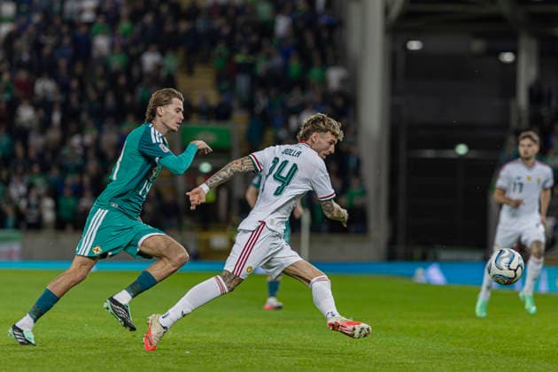 Northern Ireland v Hungary - UEFA Nations League 2026 27 Group B2 MD2 Bendeguz Bolla of Hungary competes for the ball with Isaac Price of Northern Ireland during the UEFA Nations League match at Windsor Park in Belfast, on September 28, 2026. Belfast United Kingdom  Copyright: xRobertxSzaniszlox originalFilename:szaniszlo-notitle260928_npref.jpg