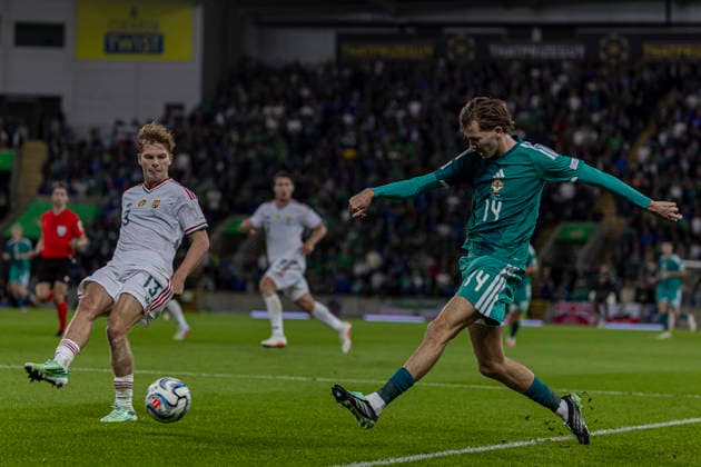 Northern Ireland v Hungary - UEFA Nations League 2026 27 Group B2 MD2 Isaac Price of Northern Ireland competes for the ball with Andras Schafer of Hungary during the UEFA Nations League match at Windsor Park in Belfast, on September 28, 2026. Belfast United Kingdom  Copyright: xRobertxSzaniszlox originalFilename:szaniszlo-notitle260928_npw4E.jpg