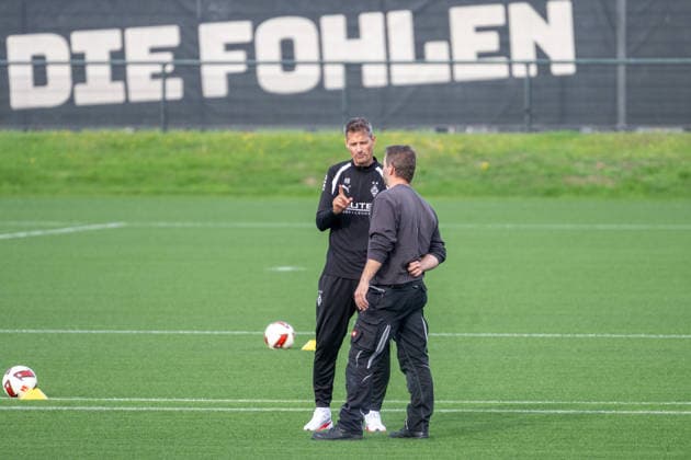 Alexander Blessin of Borussia Mönchengladbach, coach, talking with a groundskeeper before practice. Borussia Mönchengladbach open practice, soccer, Bundesliga, 2026–2027 season, September 29, 2026, Borussia Mönchengladbach open training session, soccer, Bundesliga, 2026–2027 season, September 29, 2026, Mönchengladbach Copyright: xEibner-Pressefoto ThomasxHaeslerx EP_THR