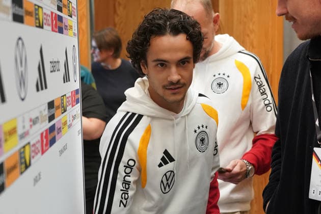 Mika Baur (Germany) in an interview with Mixed Zone at the kickoff of the second national team camp for the Nations League at Herzo Base on September 29, 2026. German National Team, Nations League Preparation, Home Ground, HerzoBase, World of Adidas, Herzogenaurach
