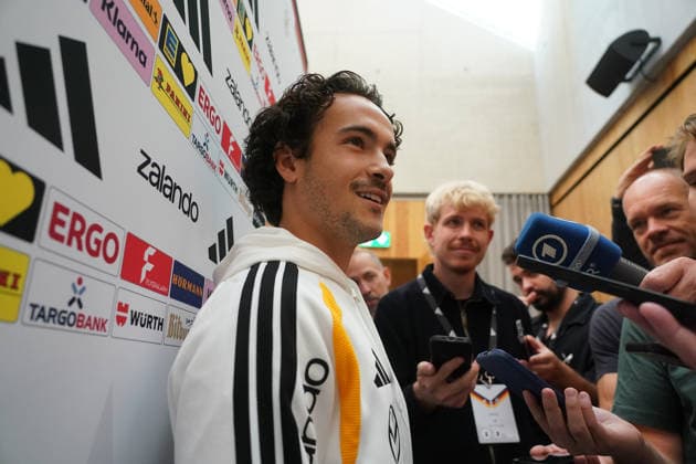 Mika Baur (Germany) in an interview with Mixed Zone at the kickoff of the second national team camp for the Nations League at Herzo Base on September 29, 2026—German National Team, Nations League Preparation, Home Ground, HerzoBase, World of Adidas, Herzogenaurach