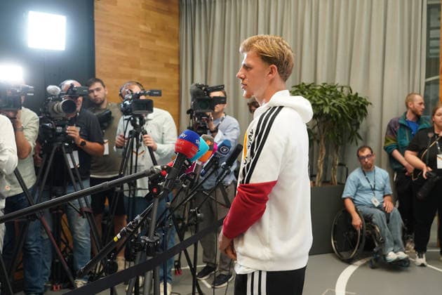 Finn Jeltsch (Germany) in an interview with the Mixed Zone at the kickoff of the second national team camp for the Nations League at Herzo Base on September 29, 2026. German National Team, Nations League Preparation, Home Ground, HerzoBase, World of Adidas, Herzogenaurach