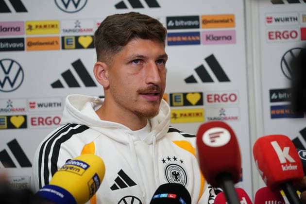 Vitaly Janelt (Germany) in an interview in the mixed zone at the kickoff of the second national squad for the Nations League at Herzo Base, September 29, 2026. German National Team, Nations League Preparation, Home Ground, HerzoBase, World of Adidas, Herzogenaurach