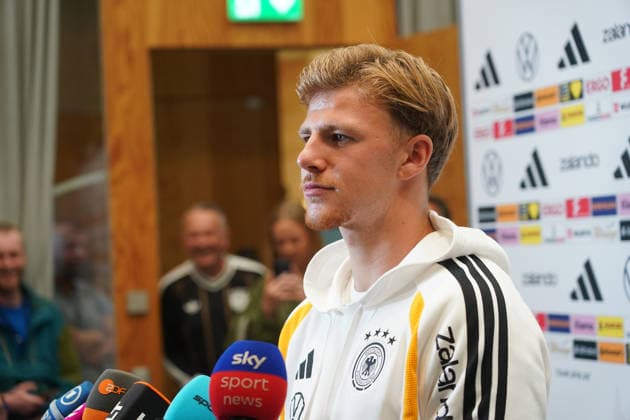 Finn Jeltsch (Germany) in an interview with the Mixed Zone at the kickoff of the second national team camp for the Nations League at Herzo Base on September 29, 2026. German National Team, Nations League Preparation, Home Ground, HerzoBase, World of Adidas, Herzogenaurach