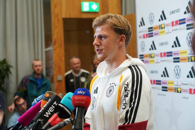 Finn Jeltsch (Germany) in an interview with the Mixed Zone at the kickoff of the second national team camp for the Nations League at Herzo Base on September 29, 2026. German National Team, Nations League Preparation, Home Ground, HerzoBase, World of Adidas, Herzogenaurach