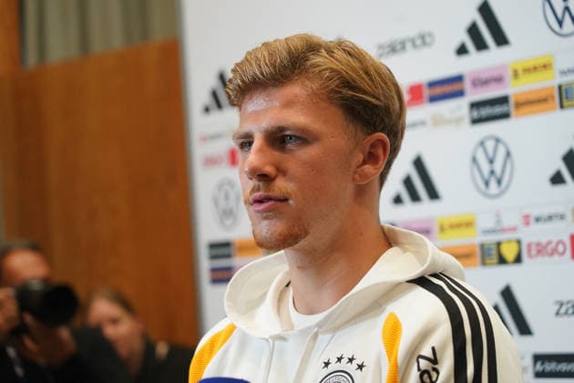 Finn Jeltsch (Germany) in an interview with the Mixed Zone at the kickoff of the second national team camp for the Nations League at Herzo Base on September 29, 2026. German National Team, Nations League Preparation, Home Ground, HerzoBase, World of Adidas, Herzogenaurach